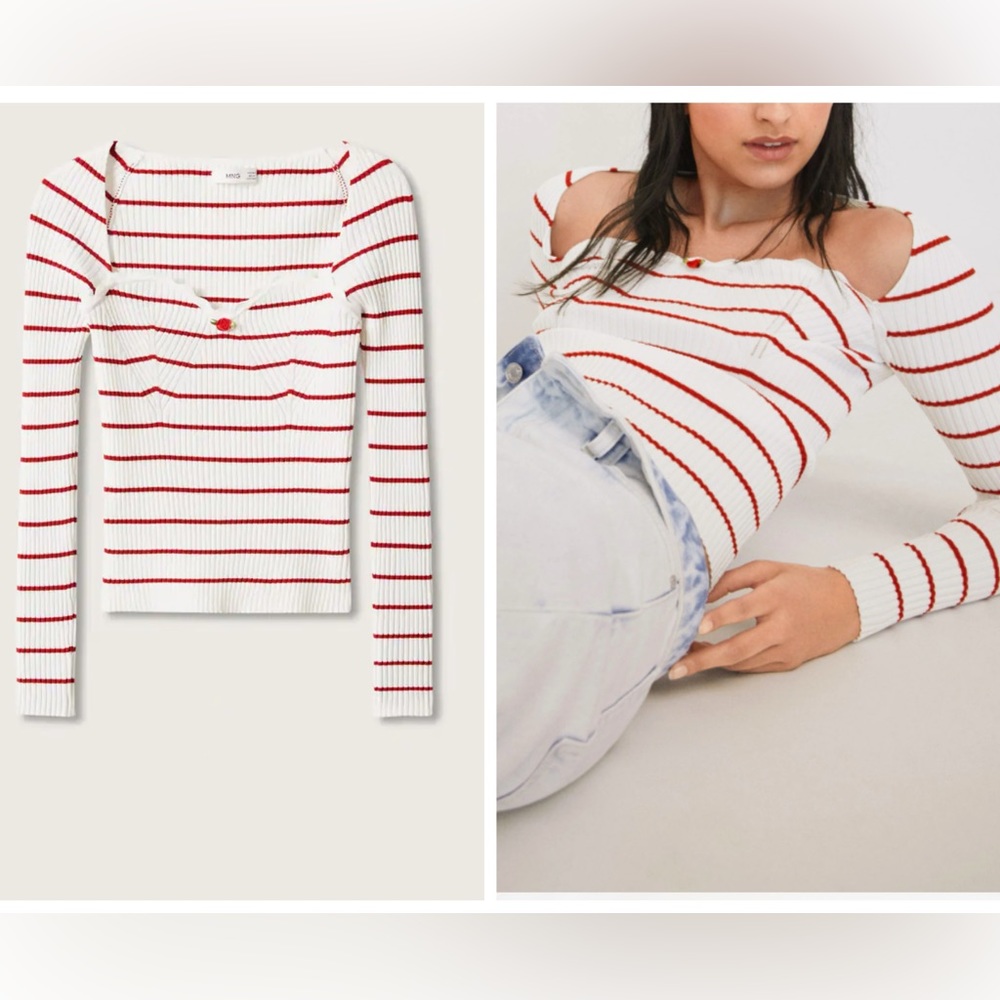 MANGO sweetheart neckline ribbed knit sweater blogger favorite zara competitor
